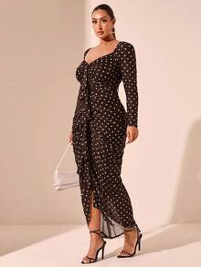 SHEIN BAE Plus Size Autumn And Winter Polka Dot Print Elegant Ruffle Long Sleeve Dress Suitable For Dating, Party, Afternoon Tea - Chocolate Brown - View 7