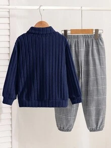 2 件套年轻男童休闲学院风舒适时尚纹理运动衫上衣和格子裤，适合开学第一天，儿童服装，小男孩服装，开学返校，男童套装，男童服装，适合日常穿着、上学、旅行、运动、秋冬季 - 藏蓝色 - 查看 3