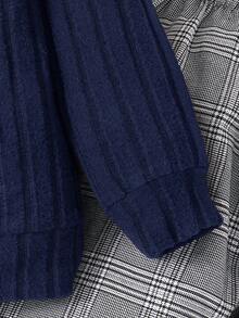 2 件套年轻男童休闲学院风舒适时尚纹理运动衫上衣和格子裤，适合开学第一天，儿童服装，小男孩服装，开学返校，男童套装，男童服装，适合日常穿着、上学、旅行、运动、秋冬季 - 藏蓝色 - 查看 8