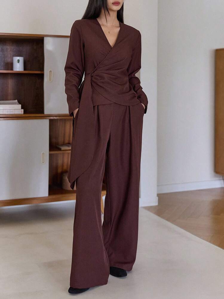 Women V-Neck Wrap Style Side Tie Top And Straight Leg Pants 2 Pieces Casual Set