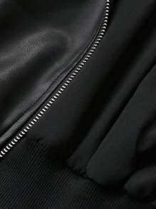 DAZY 女式翻领长袖短/长款 PU 皮革街头休闲夹克 - 黑色 - 查看 8