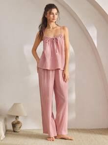 Ocili 女士休闲棉质吊带背心和睡裤套装 - 粉色 - 查看 3
