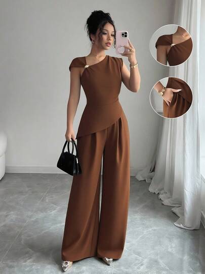 Lyxana Solid Asymmetrical Neck Top & Wide Leg Pants