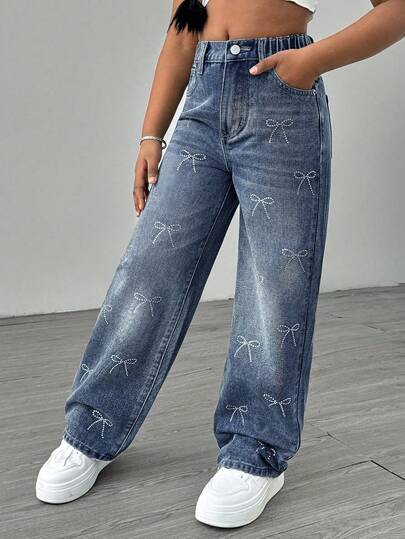 SHEIN Explorewe Tween Girls Y2K Style Jeans, New Arrival For Autumn/Winter, Light Blue Retro Wide Leg Jeans With Rhinestone Bowknot, Fashionable Casual Washed Denim Pants, Versatile For Multiple Occasions Y2k Jeans Rhinestone Bow Jeans Fall