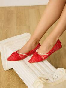 CUCCOO HITCHD Giày bệt mũi nhọn đính ngọc trai, dây xích đính đá, thiết kế nơ, thanh lịch, lãng mạn, giày cô dâu/phù dâu ren trắng, thích hợp cho đám cưới, hẹn hò, trà chiều - Đỏ - Xem 8