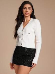 Glamine Women's Solid Color V-Neck Long Sleeve Single-Breasted Casual Knit Cardigan, Autumn Fall Winter Cloth For Women