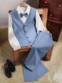 SHEIN 2 件套青少年男孩绅士装 - 薄荷绿色修身背心 + 优雅长裤，适合生日、派对、婚礼、毕业典礼的正式西装 - 淺藍色 - 查看 4