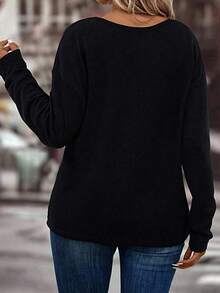 EMERY ROSE New Arrival Plus Size Women's Fashion Peach V-Neck Printed Black Long Sleeve T-Shirt - Black - View 4