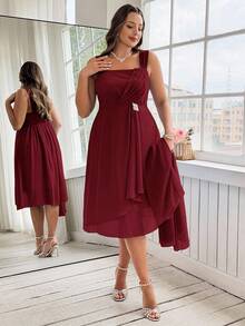 Ellevyn Plus Size Women Spring/Autumn Elegant Solid Color Rhinestone Decor Draped Front Waist Cinched Dress And Lightweight Jacket Set - Burgundy - View 5