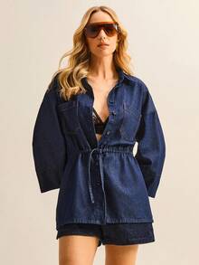 Daynim 女士休闲度假抽绳牛仔衬衫 - 深色水洗藍 - 查看 4