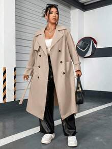Sweetra Plus Double Breasted Belted Trench Coat Fall Winter Cloth For Women Autumn