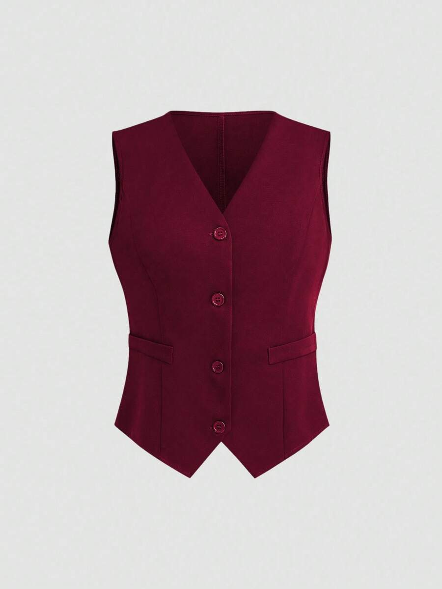 Qadelle Women's Solid Color Button Formal Fitted Vest Jacket - Burgundy - View 1