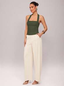 Silquee Women's Solid Color Pleated Fitted Halter Neck Camisole - Army Green - View 7