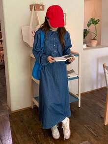 DAZY 宽松休闲彼得潘领牛仔A字长裙，适合秋季少女