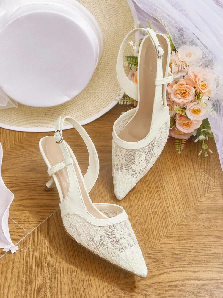 CUCCOO HITCHD Women's Lace Embroidered Pointed Toe Kitten Heel Mid-Heel Elegant Romantic White Lace Mesh Ladies High Heel Sandals, Dress Shoes, Bridal Shoes, Bridesmaid Shoes, Fashion Party Formal Wear, Wedding Season, Gala