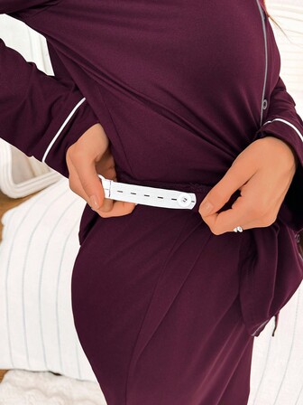 SHEIN 撞色滚边V领睡袍，字母刺绣长袖上衣和裤子孕妇家居服套装，秋冬服装，舒适套装