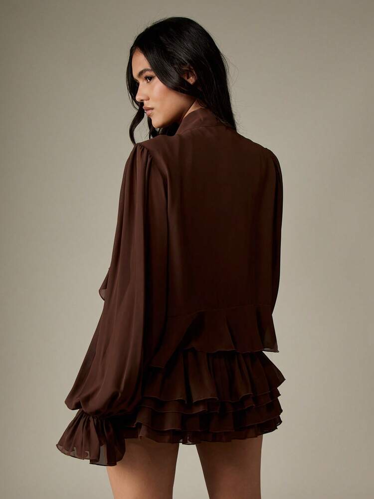 MISSGUIDED Ruffle Detail Long Sleeve Mini Dress Elegant Layered Chiffon Fall Winter Holiday Wedding Guest Statement Blouson Sleeve Flowy Feminine Party