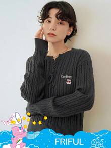 SHEIN X Care Bears FRIFUL Women's Casual Everyday Commute V-Neck Criss-Cross Tie Cartoon Embroidery Cable Knit Sweater