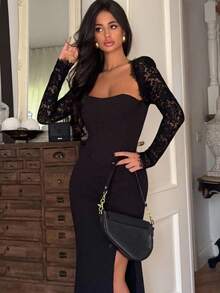 Ronhire Women's Elegant Lace Splice Long Sleeve Sexy Party Dress, Thigh-High Slit, Solid Black Color, High-Quality Thick Fabric, Suitable For Cocktail Party, Romantic Date, Formal Occasions, Wedding, Bridesmaid, Evening Gown, Halloween, Christmas, Black Dress, Dresses For Women, Dress - Black - View 6