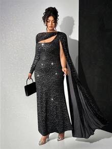 Elenzga Plus Size Women's Bodycon One Shoulder Cape Maxi Dress,Elegant Black Glitter Sequin Formal Evening Party Dress,Autumn Formal Gown - Black - View 8