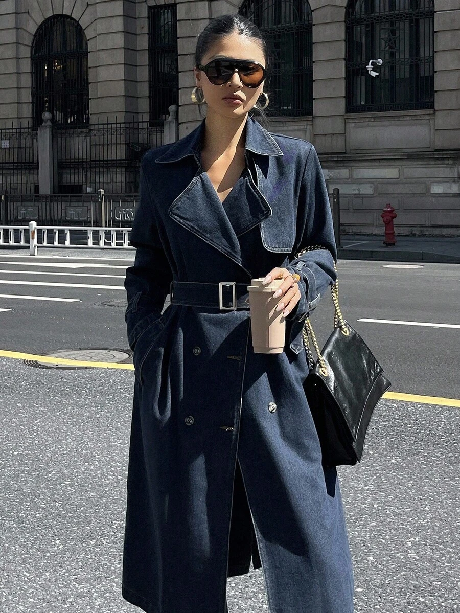 DAZY 女式秋季翻领收腰牛仔长款夹克 - 藍色 - 查看 1