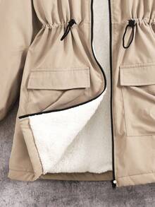 SHEIN Chaqueta de forro polar de longitud media holgada con capucha, bolsillos con cordón ajustable, estilo militar casual, para ir y venir y actividades al aire libre, abrigo parka, vuelta al colegio, abrigo de invierno para niñas, chaqueta forrada térmica para niñas, chaqueta para niñas, chaqueta con capucha para niñas, abrigo parka para niñas en otoño - Caqui - Ver 6