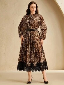 Anewsta Váy maxi họa tiết da báo cỡ lớn bằng vải voan và ren, kiểu dáng cổ điển thanh lịch và kín đáo dành cho nữ, thích hợp cho mùa thu, tiệc tùng, Giáng sinh - Nhiều màu - Xem 4