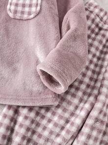 SHEIN Genkimix Kids 2件套女童毛绒格子长袖上衣和裤子休闲舒适柔软睡衣套装