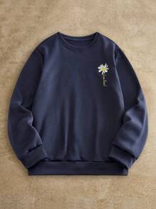 Manfinity NXTstreet 男士休闲花卉印花圆领套头衫 刺绣运动衫 雏菊花卉运动衫，秋季，冬季 - 藏蓝色 - 查看 1