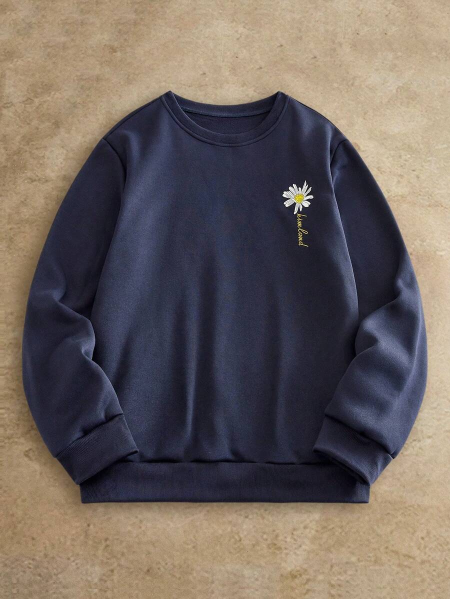 Manfinity NXTstreet 男士休闲花卉印花圆领套头衫 刺绣运动衫 雏菊花卉运动衫，秋季，冬季 - 藏蓝色 - 查看 1