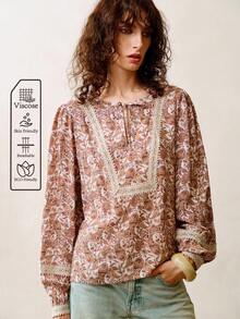 Arave Women's Viscose Fabric, Loose-Fitting Retro Paisley Print, Tie-Neck Collar, Lace Cuffs, And Patchwork Design For Everyday Casual Wear Fall Clothes For Women Western Wear Women Boho Women Clothing Country Outfits Women