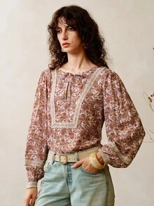 Arave Women's Viscose Fabric, Loose-Fitting Retro Paisley Print, Tie-Neck Collar, Lace Cuffs, And Patchwork Design For Everyday Casual Wear Fall Clothes For Women Western Wear Women Boho Women Clothing Country Outfits Women