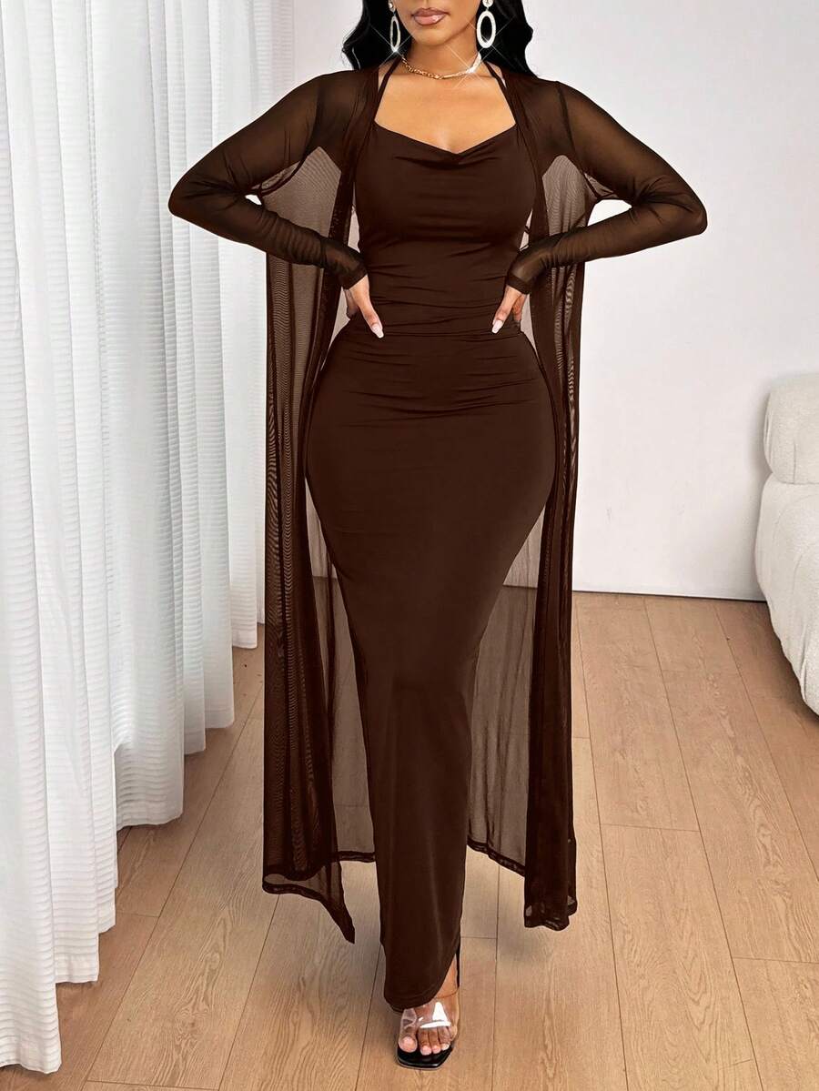 SHEIN Lady 2025 New All Seasons Brown Suit Long Sleeve Robe & V-Neck Dress Elegant 2 Pieces Set Fall Clothes For Women Party Dress  Chic Women's Set Halloween Christmas Women's Clothing Going Out Outfit - Mocha Brown - View 1