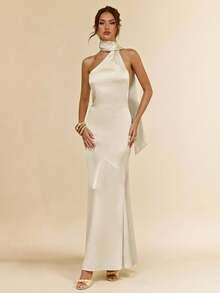 SHEIN BAE Váy xòe lệch vai hở lưng bằng vải satin trơn màu vàng tối giản gợi cảm mùa xuân và mùa hè, thích hợp cho tiệc tùng, cocktail, những dịp trang trọng, phù dâu, sinh nhật - Màu be - Xem 4