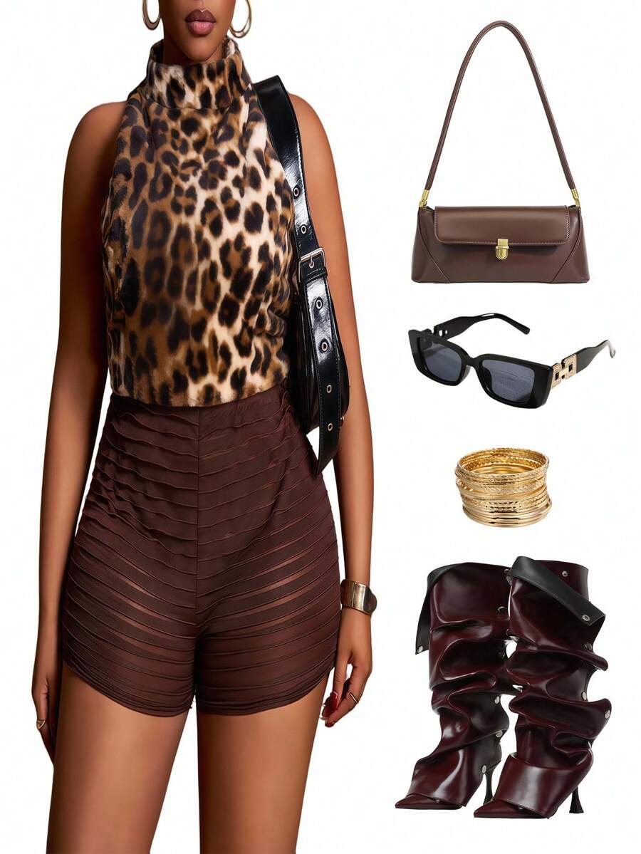Slaydiva Conjunto de 2 piezas de mujer con top sin mangas de terciopelo con estampado de leopardo y textura marrón, y shorts cortos. Nuevo otoño/invierno 2025, estilo callejero, para salidas, trabajo, oficina, aeropuerto, fiesta, elegancia, cóctel, punk, San Valentín, moda picante - Multicolor - Ver 1