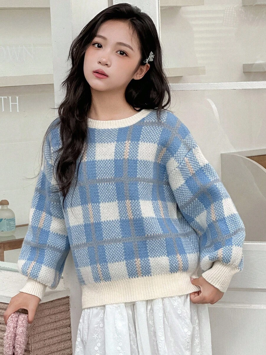 Dazy Kids 女童格子圆领长袖毛衣，秋季 - 藍色 - 查看 1