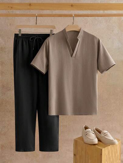 HIMLAND Set de 2 piezas de camisa casual con cuello en V y arrugas para hombres, conjunto de top y pantalón de lino casual, atuendos de verano europeos, atuendos cómodos