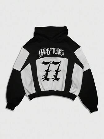 Prep Herren Hoodie Sweatshirt mit Buchstaben-Muster und Patchwork, Langarm, Herbst