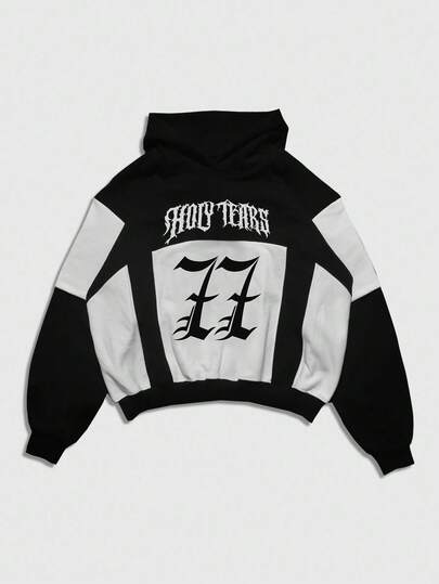 Prep Sudadera con capucha de manga larga con estampado de letras y parches para hombre, otoño