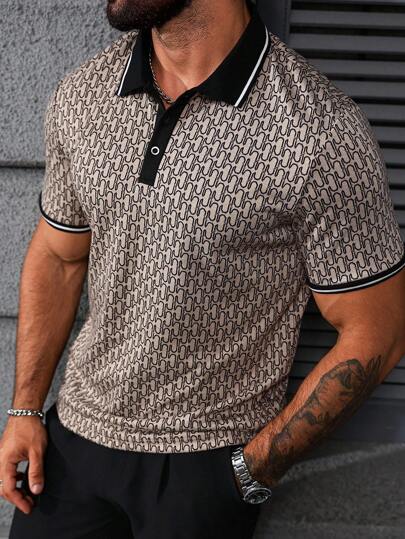 Manfinity Homme Men Allover Print Contrast Striped Trim Colorblock Polo Shirt Men Geometric Print Polo Shirt Men Patterned Polo Shirt Men Fashion Polo Shirt Men Polo Shirts Men Golf Shirt, Old Money Style