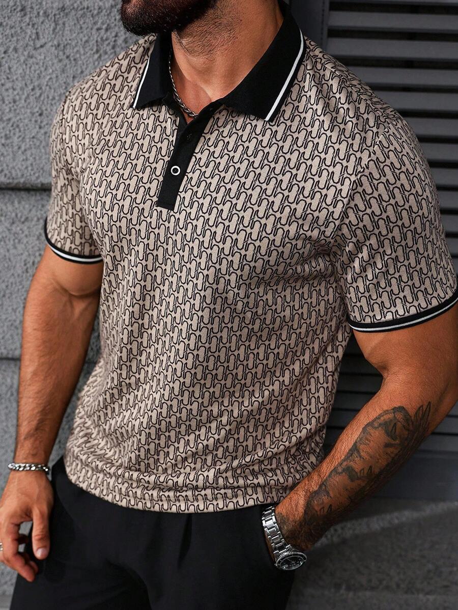 Manfinity CasualCool 男士满版印花撞色条纹拼色 Polo 衫 男士几何印花 Polo 衫 男士图案 Polo 衫 男士时尚 Polo 衫 男士 Polo 衫 男士高尔夫衬衫，复古风
