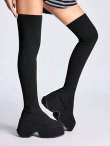 Sugerpunk 欧美 Y2K 黑色摇滚朋克厚底靴，套脚粗跟哥特靴，不对称鞋跟街头风女靴 - 黑色 - 查看 6