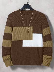 SHEIN Kontrastowy sweter z okrągłym dekoltem, luźny, swobodny sweter dla nastolatków - Wielokolorowe - Zobacz 3