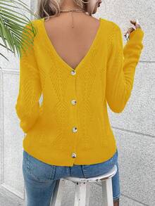 Breezaya V-Neck Backless Knit Sweater Fall Winter Cloth For Women Women Long Sleeve Tops Yellow Tops Yellow Top Women Yellow Sweater Off Shoulder Sweater