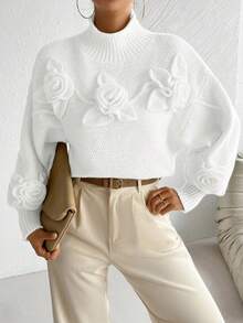 Almamuse Women's Elegant Solid Color 3D Floral Decor Turtleneck Lantern Sleeve Pullover Sweater, Autumn/Winter Fall Cloth For Women - White - View 5