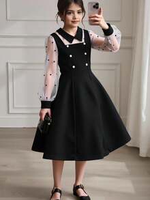 Tween Girl Mesh Contrast Long Sleeve Dress - Black - View 1