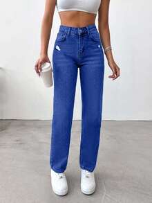 EURMUSE 100%Cotton Ripped Straight Leg Jeans - Dark Wash - View 3