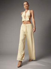 Hauture Women's Summer Going Out Vacay 2 Pieces Set With Butter Yellow Texture Chiffon Top And Pant - Yellow - View 6