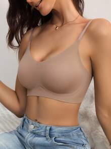SHEIN Minimalist Comfortable V-Neck Gather Seamless Jelly Adhesive Bra - Mocha Brown - View 5
