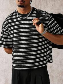 PAVTROS Manfinity Streetrush Men's Striped Print Round Neck Short Sleeve Casual Loose T-Shirt, Summer